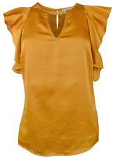 Michael Kors Women's Hammered Satin Flutter Sleeve Chain Neck Top Blouse X Small