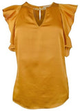 Michael Kors Women's Hammered Satin Flutter Sleeve Chain Neck Top Blouse X Small
