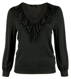 Ralph Lauren Lauren Women's Plus Size Ruffle Trim V-Neck Pullover Sweater Top Blk 2X