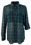 Michael Kors Women's Tweed Haberdashery Print Georgette Roll-Sleeve Shirt, Deep Teal, Large