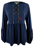 Customer Return Michael Kors Women's Chain Lace-Up Bell Sleeve Top Navy Small