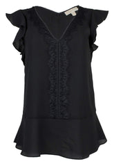 Michael Kors Women's Lace Trimmed V Neck Top BLK XS
