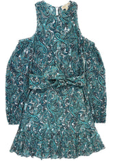 Michael Kors Women's Paisley Cold Shoulder Self Tie Belt Long Sleeved Dress-M