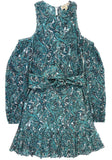 Michael Kors Women's Paisley Cold Shoulder Self Tie Belt Long Sleeved Dress-M