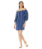 Lauren Ralph Lauren Slub Stripe Off-The-Shoulder Cover-Up Dress Blue MD (US...