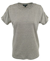 Women's Lace-Up Shoulder Striped Linen Blend Top-C-XS