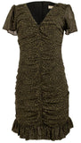 Michael Kors Women's Animal Print Ruched V neck Mini Dress Olive Green