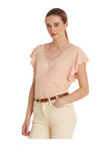 Ralph Lauren Lauren Womens Lace Trim Flutter Sleeves T-Shirt Pink S