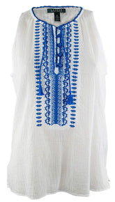 Ralph Lauren Women's Blue Embroidered Sleeveless Cotton Tank Top Wht Medium