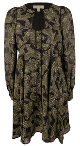 Michael Kors Women's Paisley Georgette Keyhole Neckline Dress OLV 4 Olive