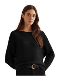 RALPH LAUREN Womens Black Metallic Ribbed Long Sleeve Boat Neck Wear To Work Sweater L