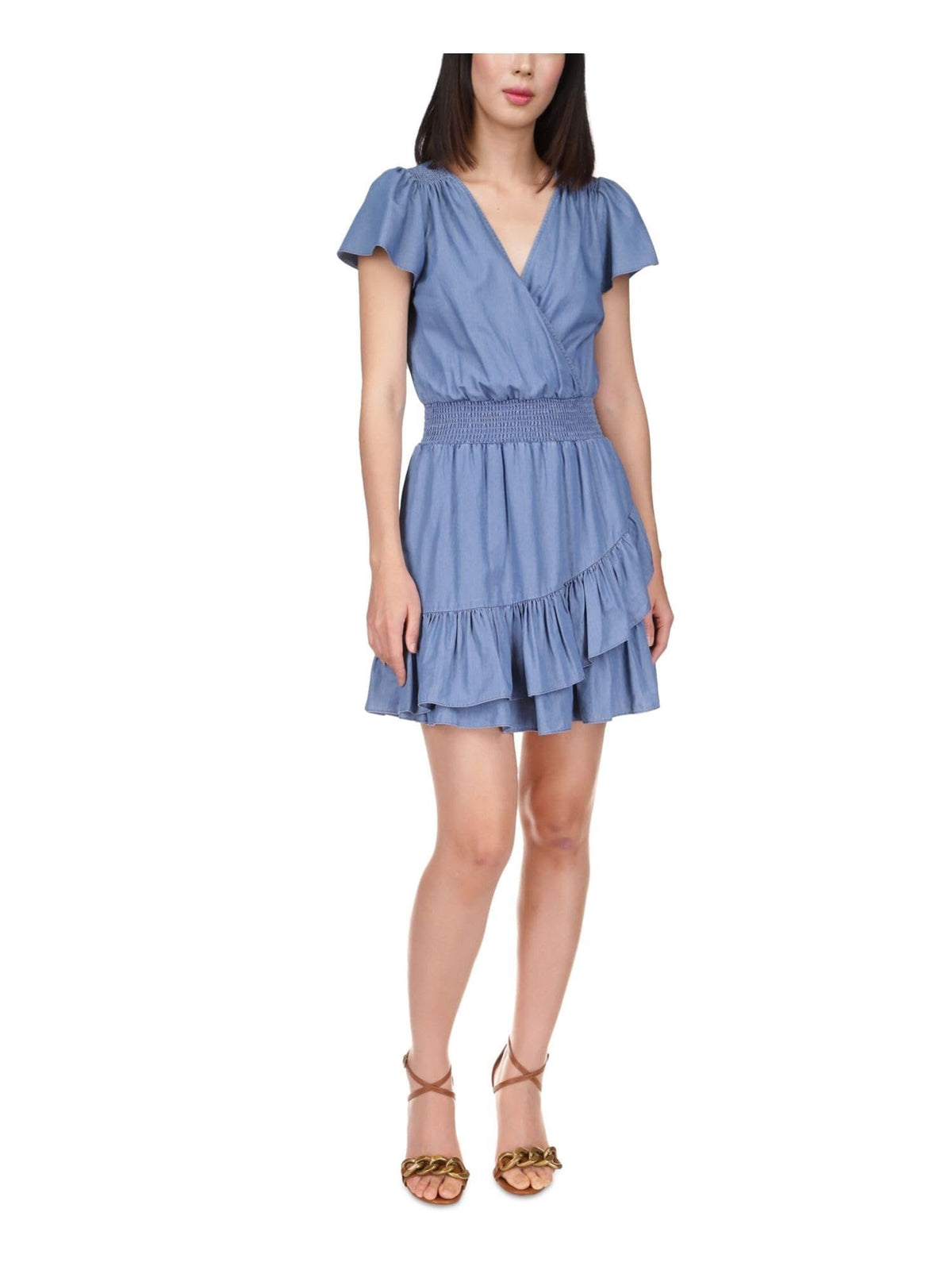 Michael Michael Kors Women's Tiered Faux-Wrap Fit Flare Dress (S, Cadet Wash)