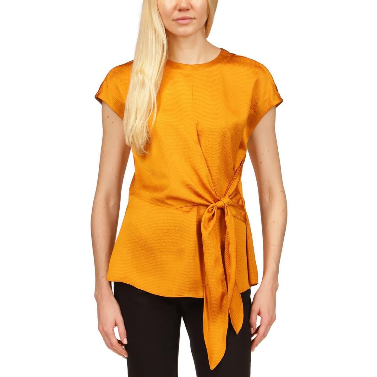 MICHAEL Michael Kors Womens Shadow Stripe Side Tie Blouse Gold XS