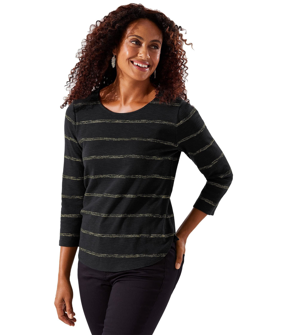 Tommy Bahama Women's Ashby Metallic Stripe 3/4 Sleeve T-Shirt Black XL
