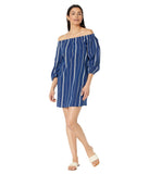 Lauren Ralph Lauren Slub Stripe Off-The-Shoulder Cover-Up Dress Blue MD (US...
