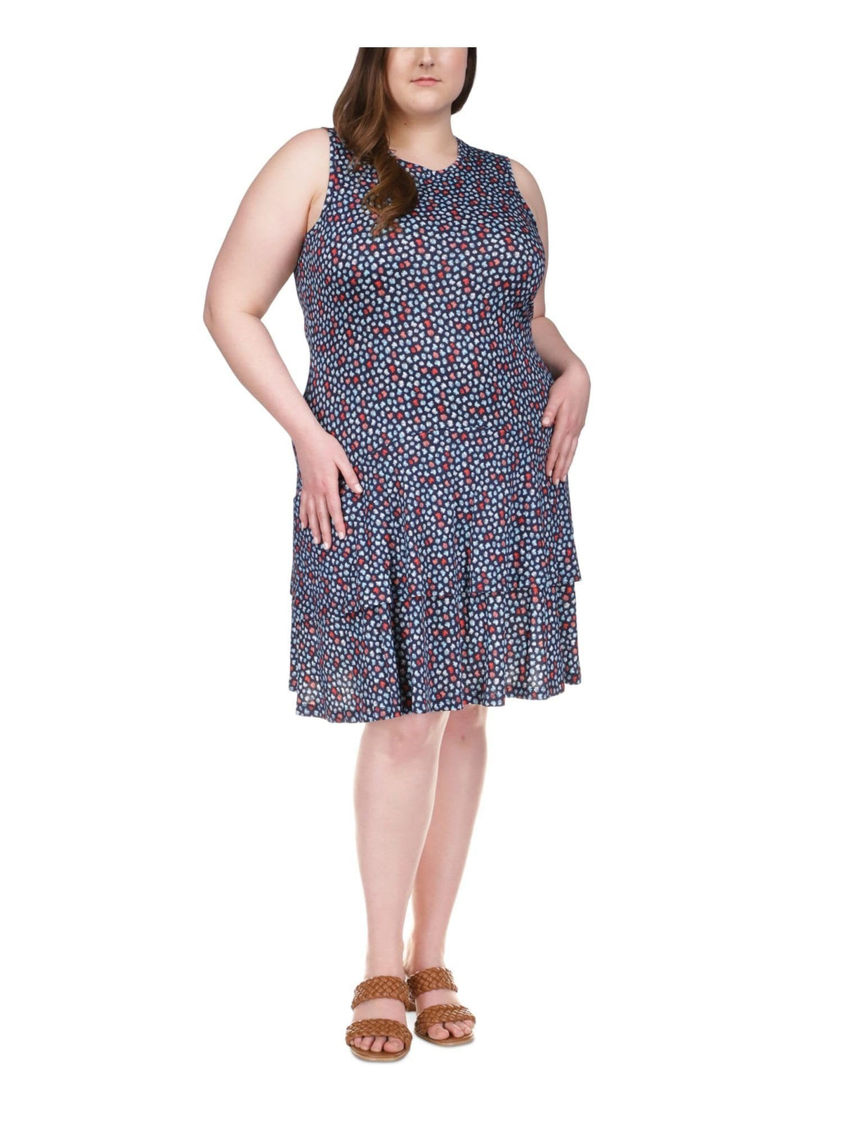 Michael Kors Women's Plus Size Palm Crew Neck Tiered Flounce Sleeveless Dress