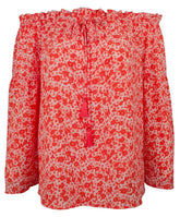 Michael Kors Women's Patterned Off-The-Shoulder Bell Sleeve Tassel Top