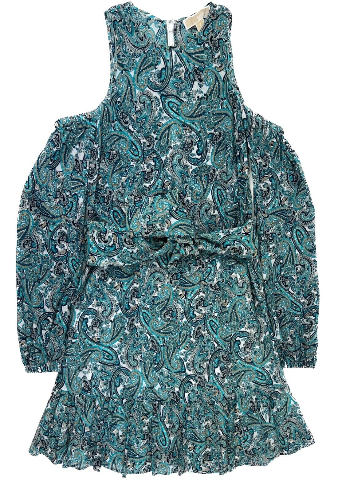 Michael Kors Women's Paisley Cold Shoulder Self Tie Belt Long Sleeved  Dress-M