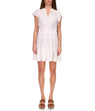 Michael Kors Women's Seersucker Split V Neck Cap Flutter Sleeve Dress