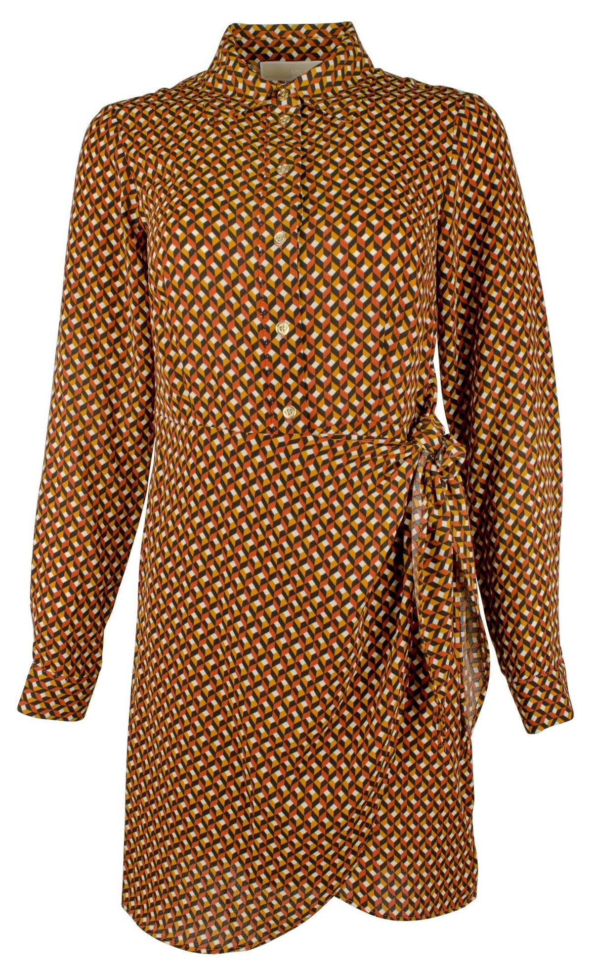 Michael Kors Women's Printed Button Down Collar Tie Waist Shirt Dress X-Small Marigold