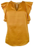 Michael Kors Women's Hammered Satin Flutter Sleeve Chain Neck Top Blouse X Small
