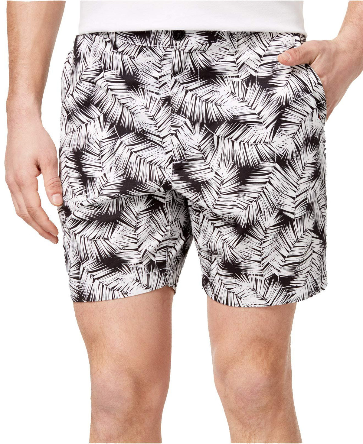 Michael Kors Men's Classic-Fit Palm-Print Poplin Shorts (Black, 33)