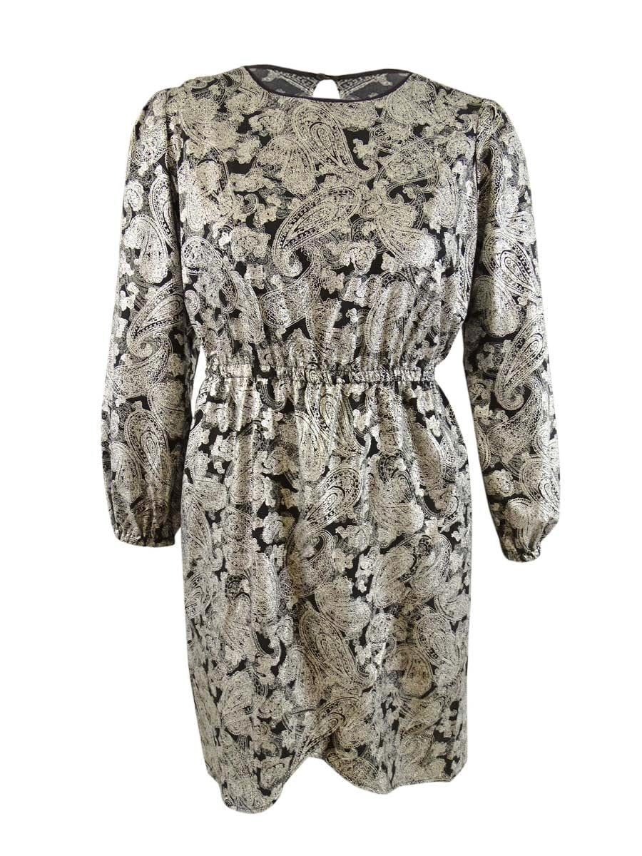 Michael Kors Women's Plus Size Foil Paisley Long Sleeve Flounce Dress