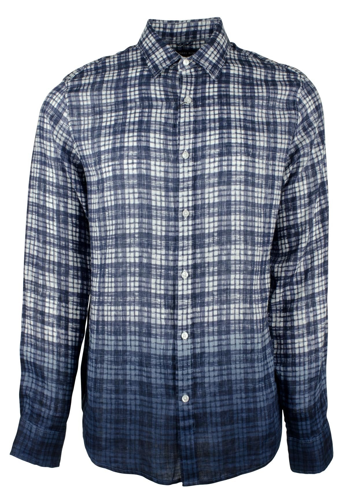 Michael Kors Men's Slim Fit Linen Dip Dyed Gingham Long Sleeve Shirt