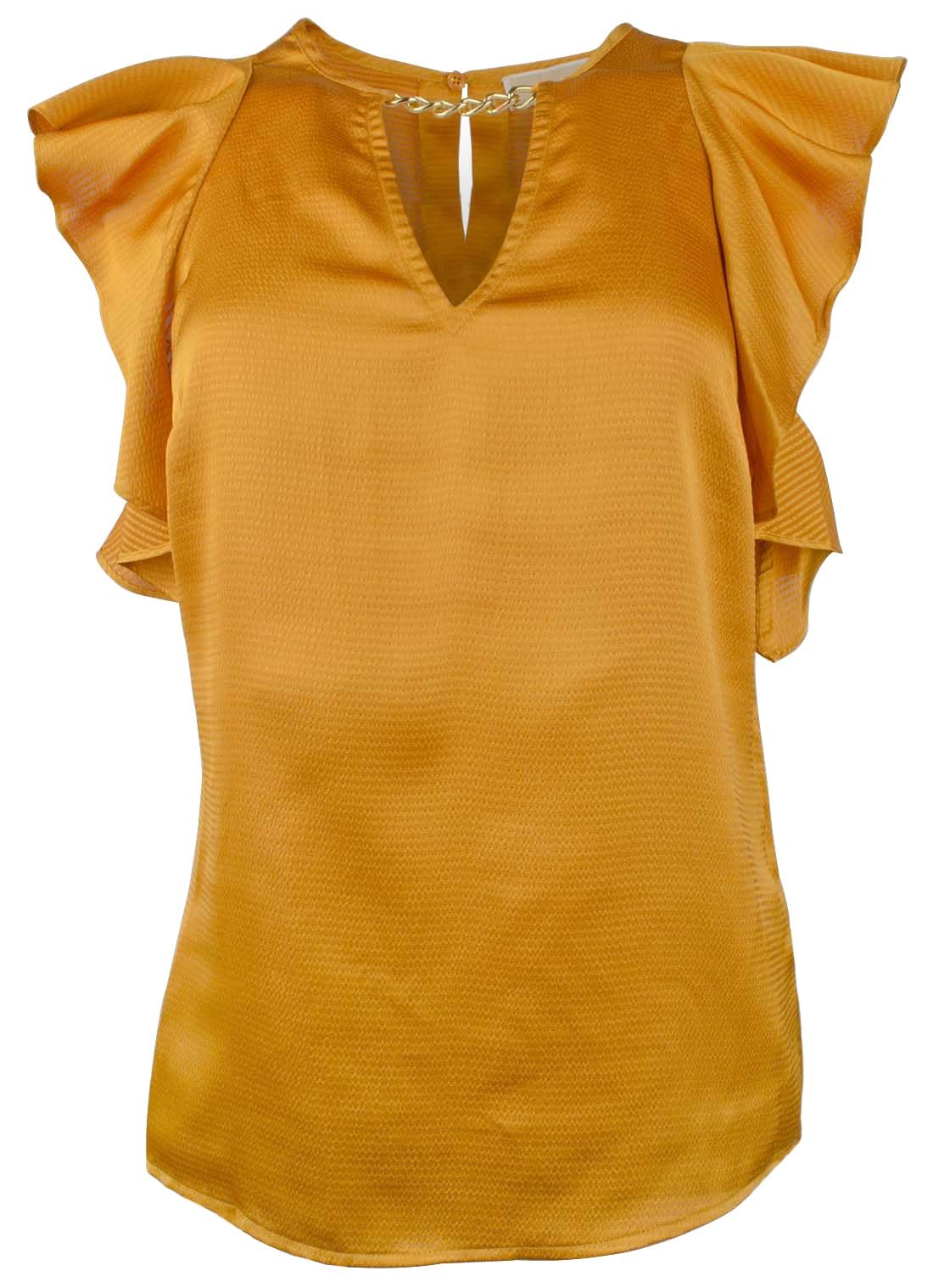 Michael Kors Women's Hammered Satin Flutter Sleeve Chain Neck Top Blouse X Small