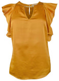 Michael Kors Women's Hammered Satin Flutter Sleeve Chain Neck Top Blouse X Small