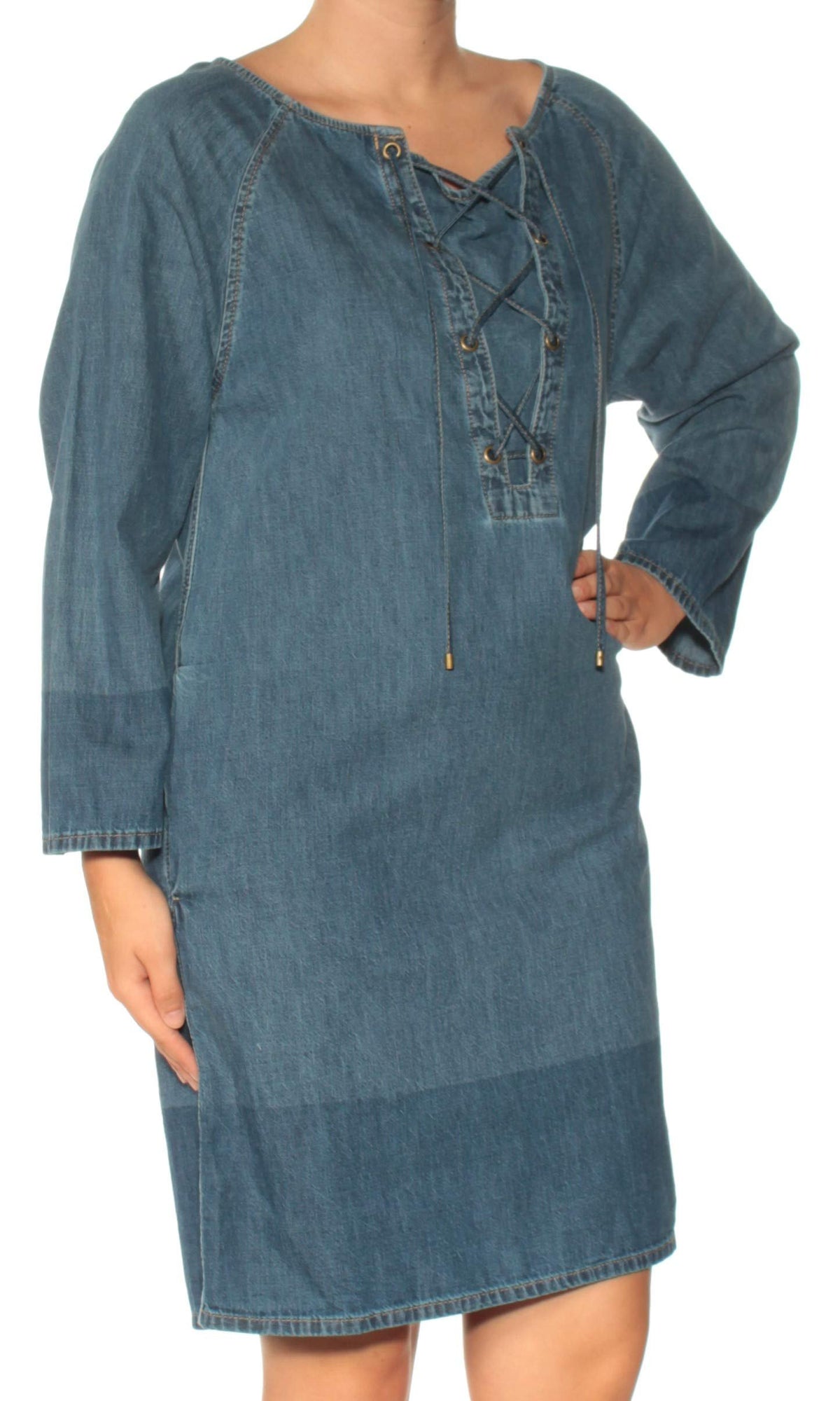 Lauren Ralph Lauren Women's Lace Up Denim Cotton Shift Dress CW S