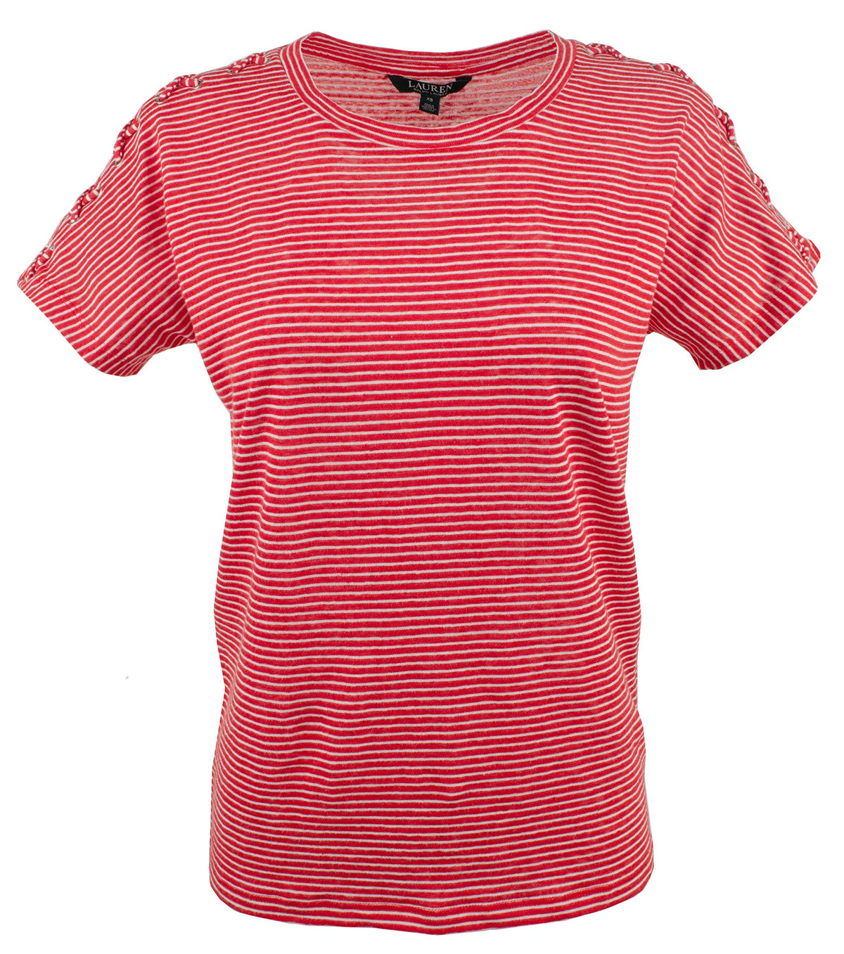LAUREN RALPH LAUREN Womens Linen Striped T-Shirt Red XS
