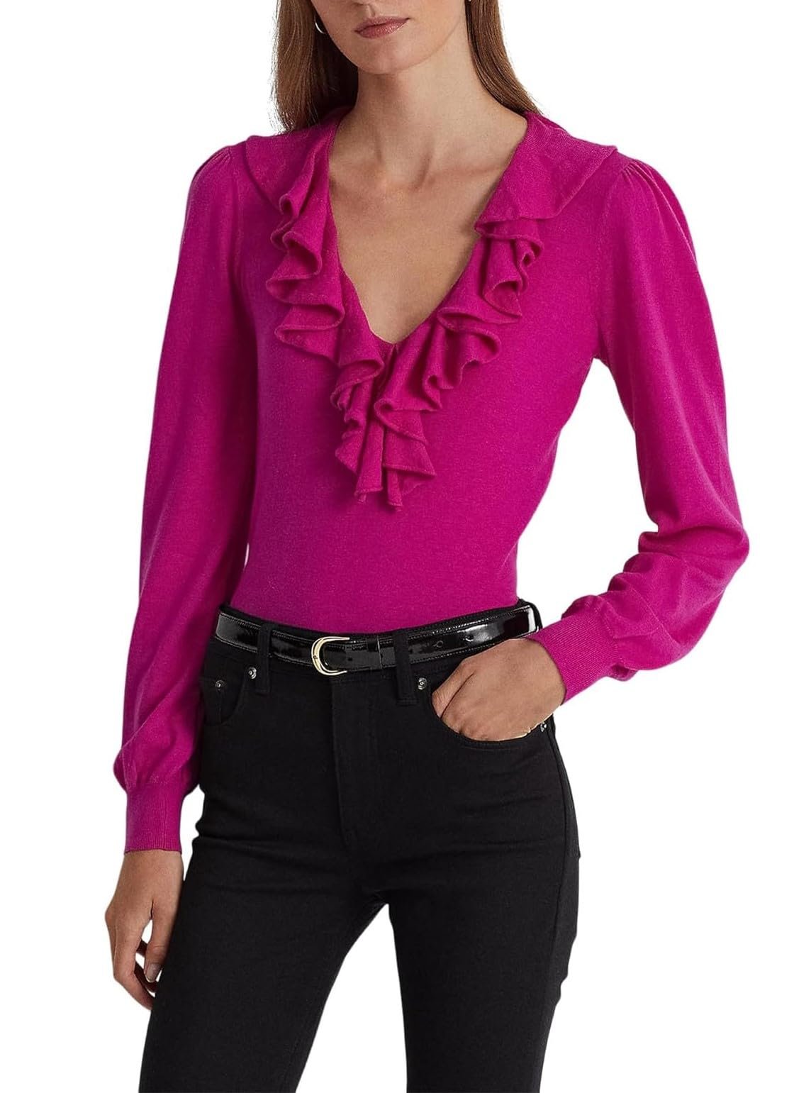 Lauren Ralph Lauren Women’s Ruffle-Trim Jersey Sweater Bright Fuchsia X-Large
