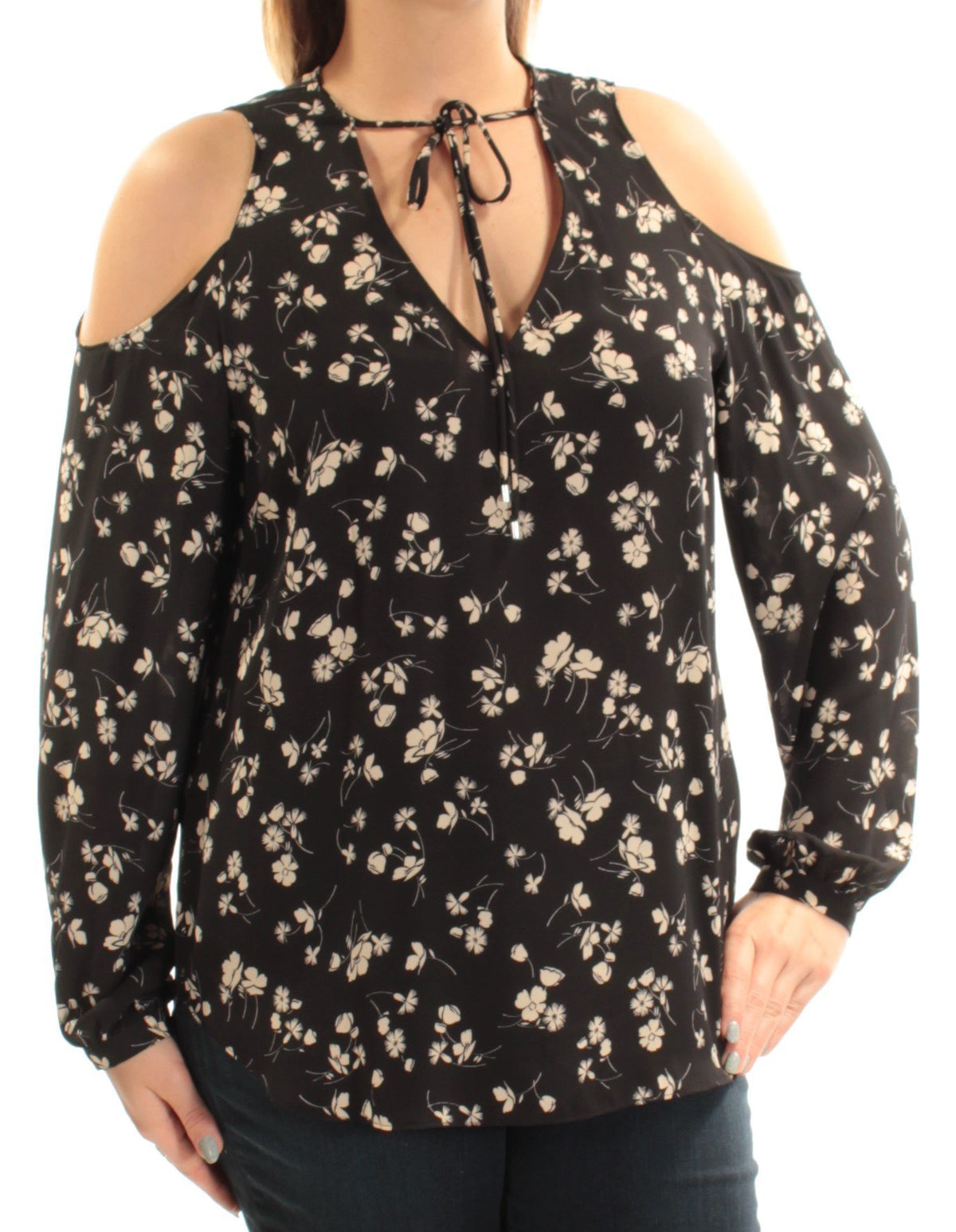 Lauren Ralph Lauren Women's Floral Print Cold Shoulder Blouse Black, Long Sleeves