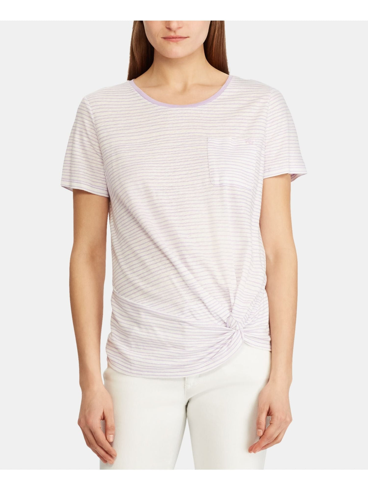 Ralph Lauren Women's Purple Striped Twist-Knot Linen Blend Short Sleeve Tee, Size M