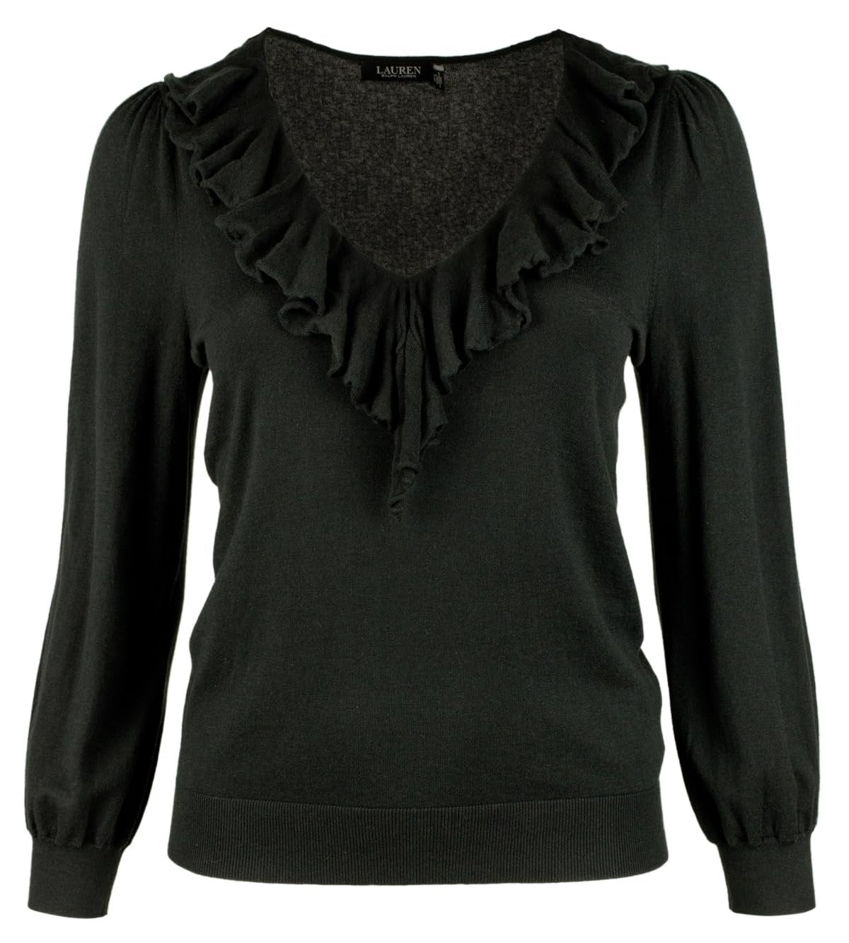 Ralph Lauren Lauren Women's Plus Size Ruffle Trim V-Neck Pullover Sweater Top Blk 2X