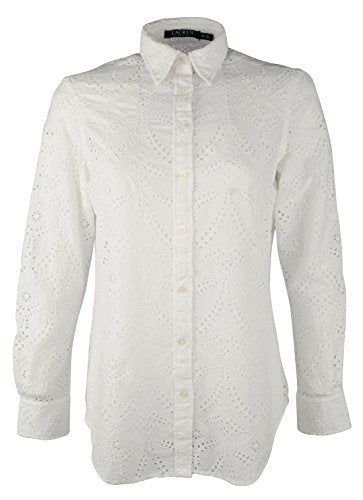 Lauren Ralph Lauren Women's Petite Eyelet Button Down Crisp Cotton Shirt