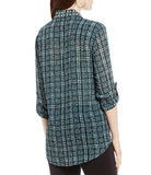 Michael Kors Women's Tweed Haberdashery Print Georgette Roll-Sleeve Shirt, Deep Teal, Large