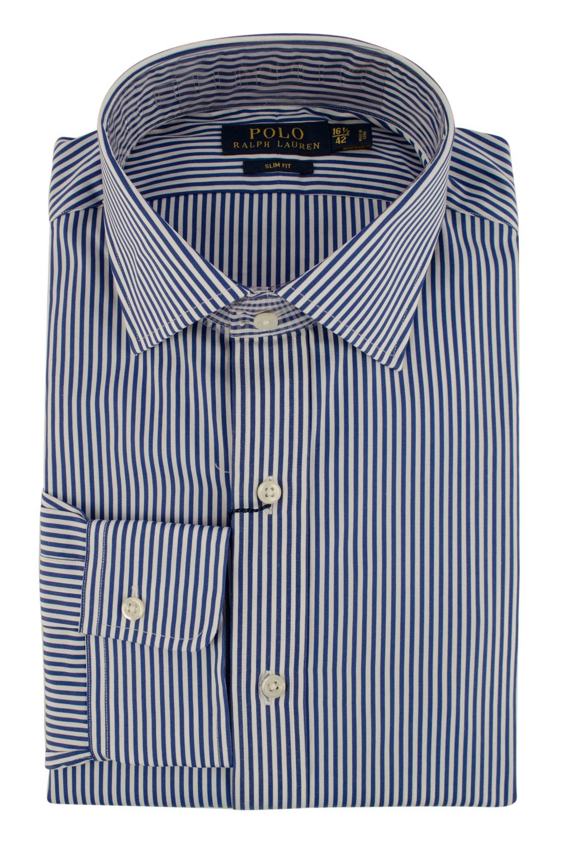 Polo Ralph Lauren Men's Slim Fit Striped Poplin Dress Shirt, Neck 17.5" (44cm), Blue/White