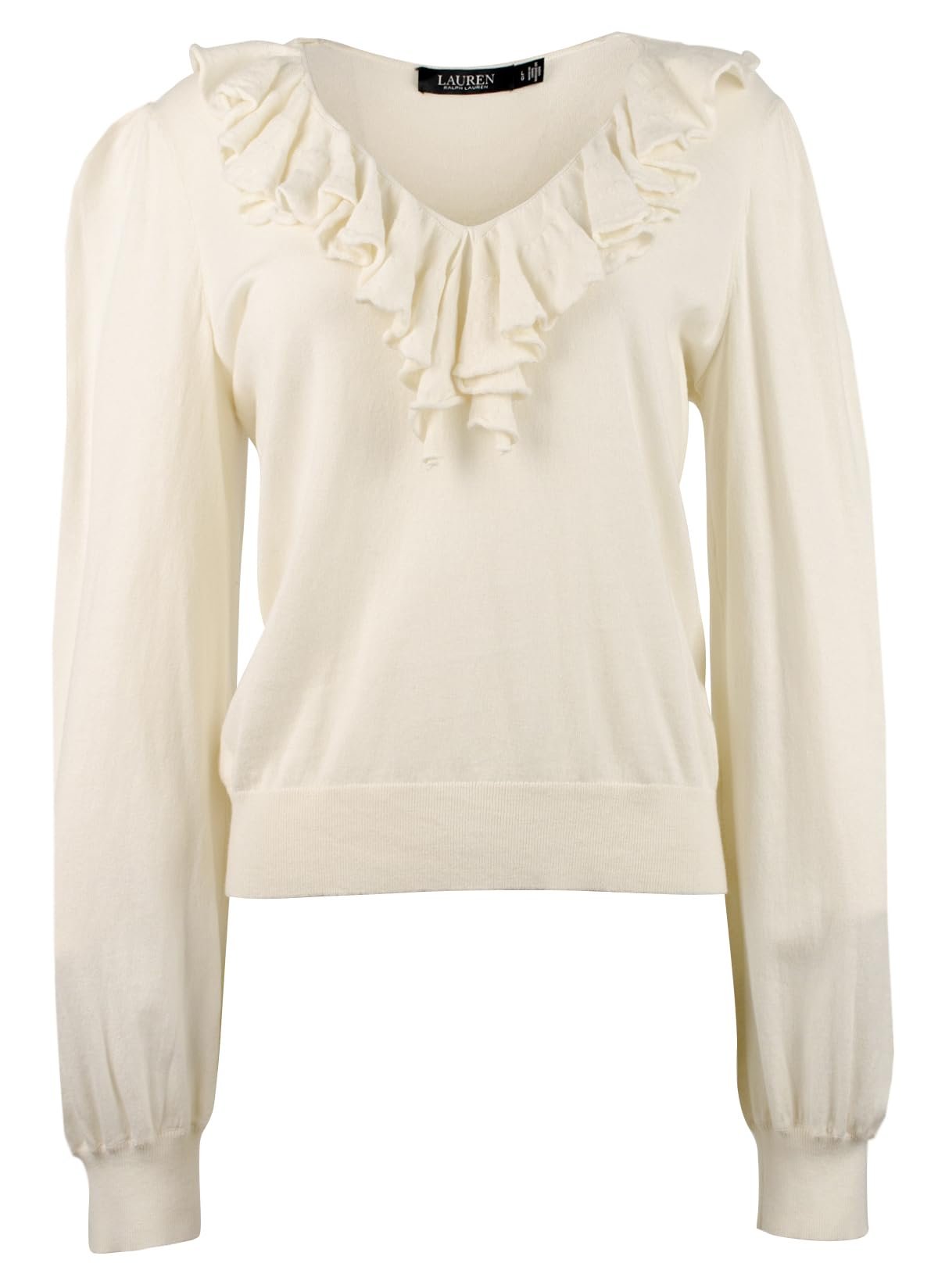 Lauren Ralph Lauren Women's Ruffle Trim V-Neck Pullover Sweater Top WCrm Small