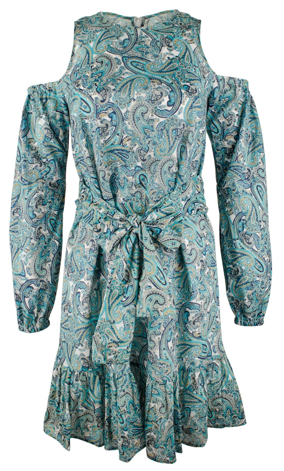 Michael Kors Women's Paisley Cold Shoulder Self Tie Belt Long Sleeved  Dress