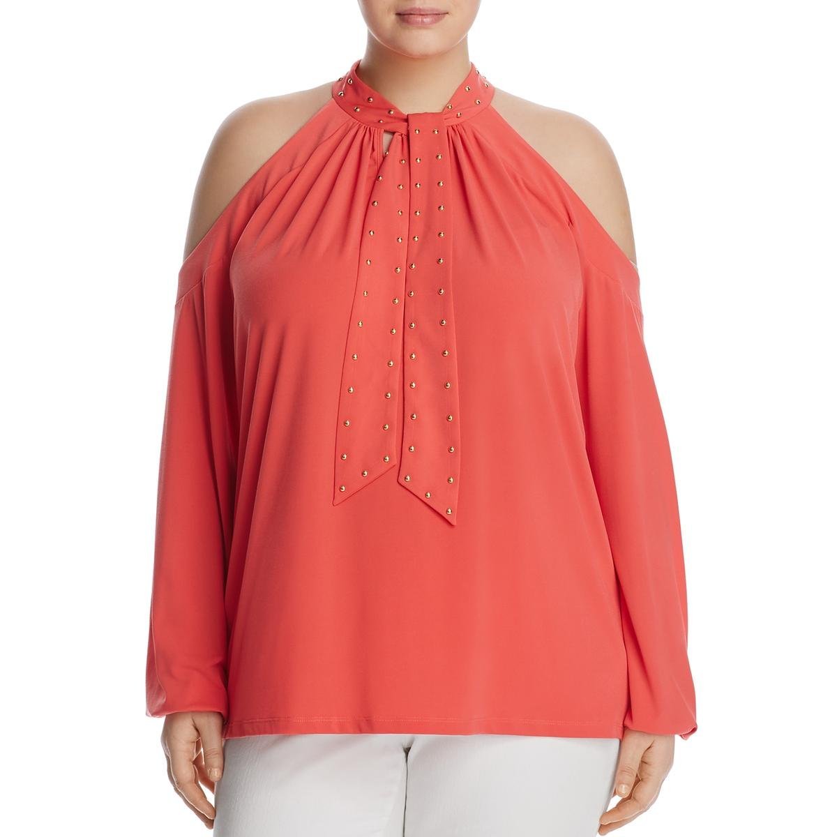 Michael Kors Women's Plus Size Stud Trim Halter Tie Neck Cold Shoulder Top S 0X