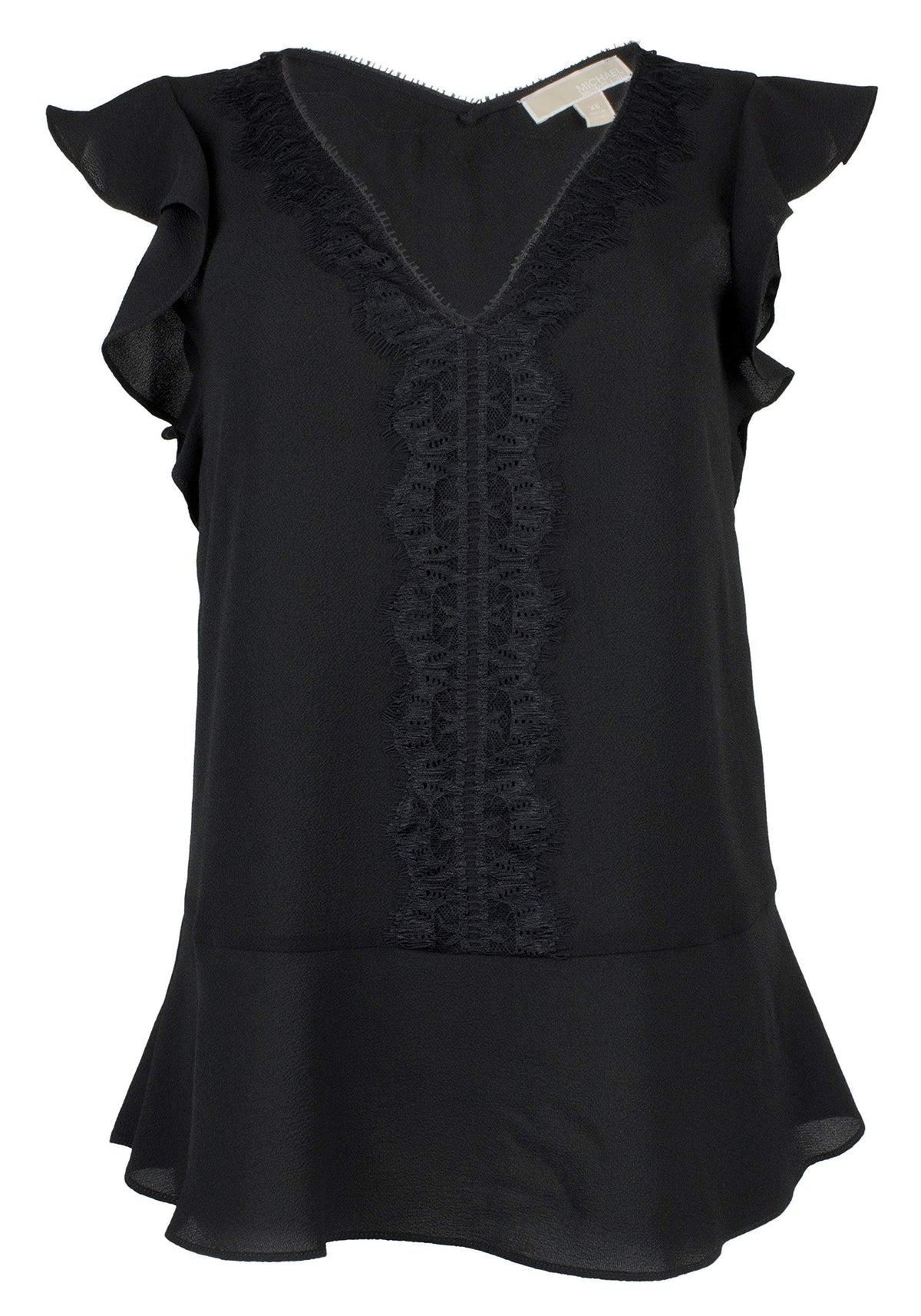 Michael Kors Women's Lace Trimmed V Neck Top BLK XS
