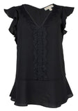 Michael Kors Women's Lace Trimmed V Neck Top BLK XS