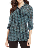 Michael Kors Women's Tweed Haberdashery Print Georgette Roll-Sleeve Shirt, Deep Teal, Large