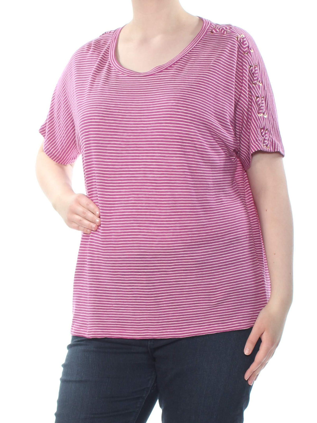 LAUREN RALPH LAUREN Womens Linen Striped Pullover Top Pink XL