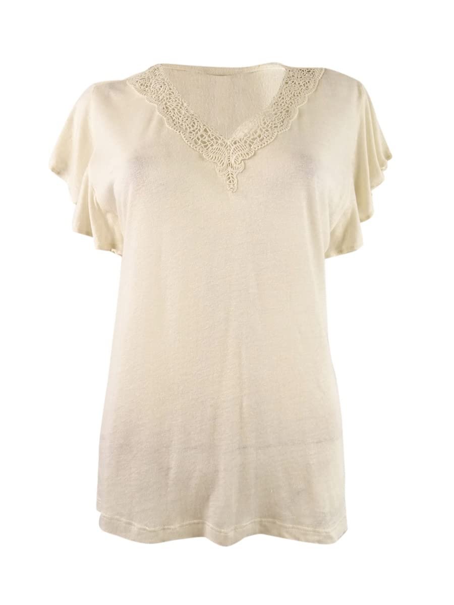 Lauren Ralph Lauren Women's Jersey Flutter Sleeve T Shirt (L, Winter Cream)