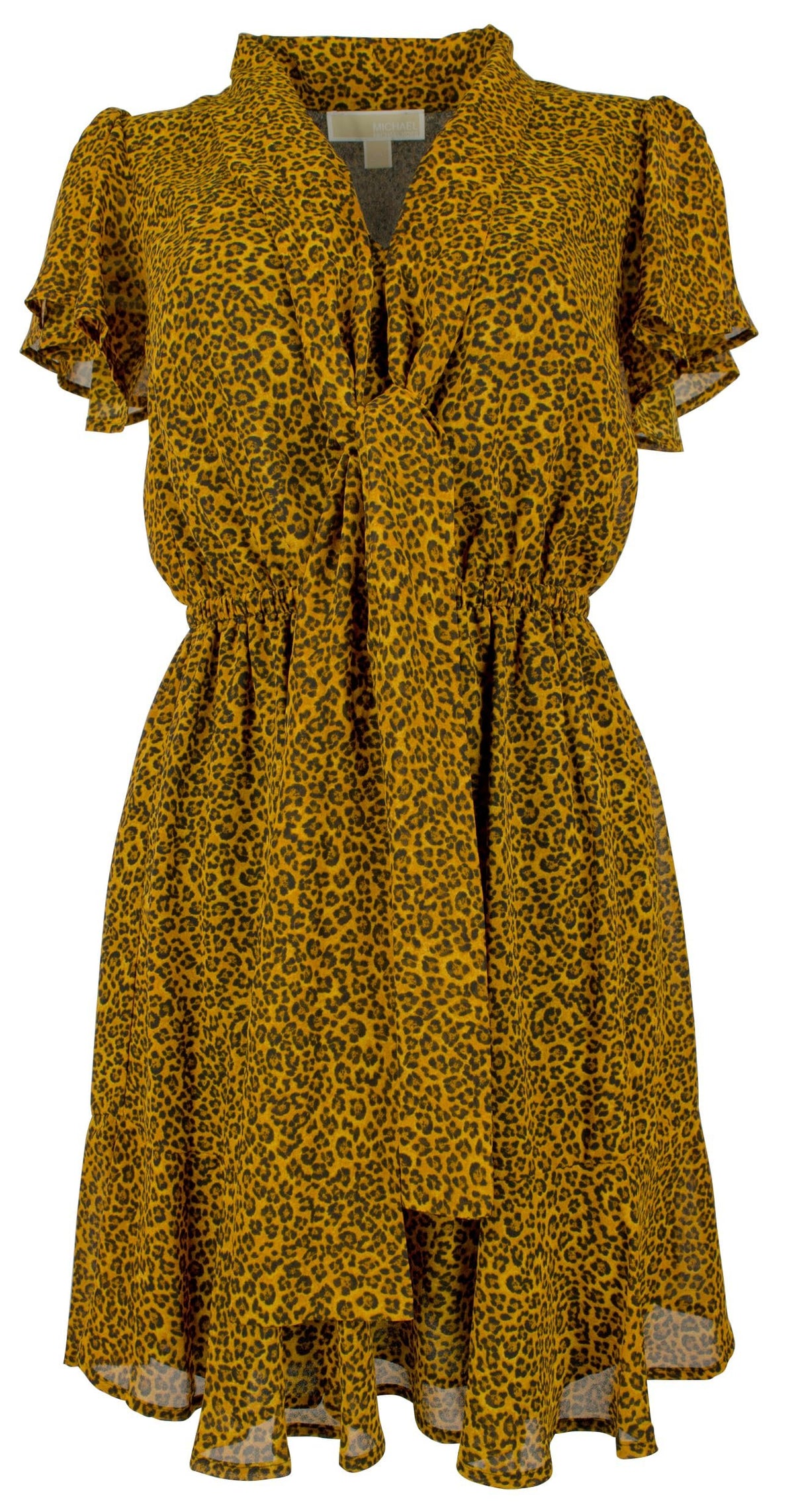 Michael Kors Women's Leopard Printed Cap Sleeve Tie Neck Dress Marigold