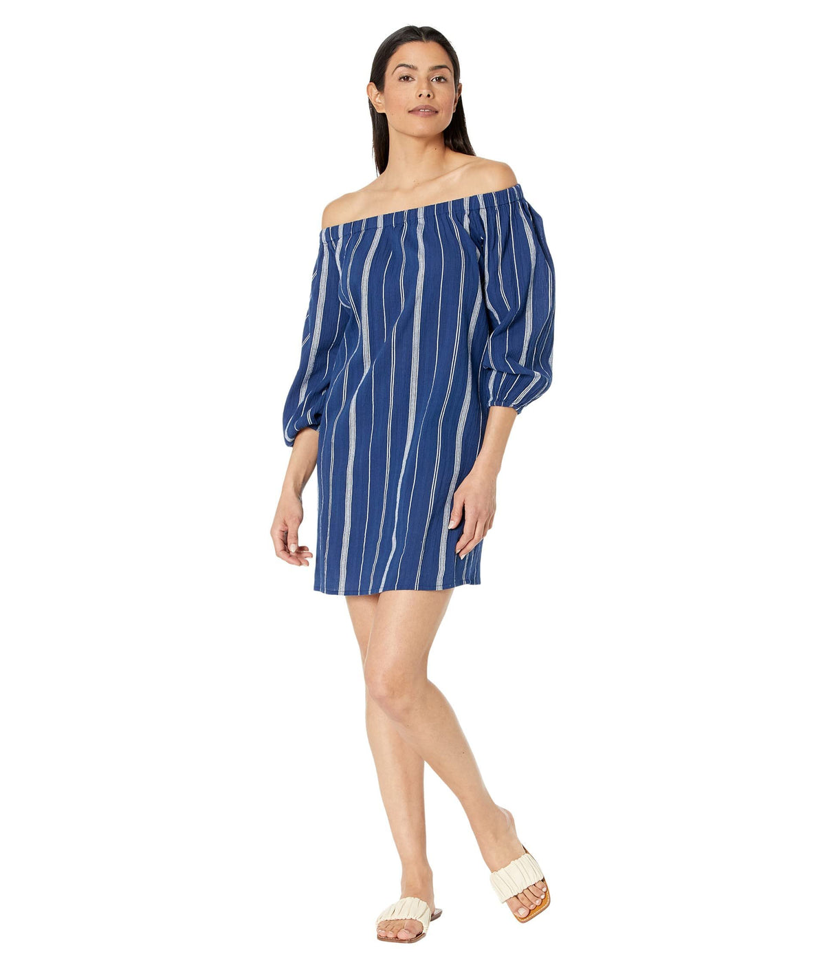 Lauren Ralph Lauren Slub Stripe Off-The-Shoulder Cover-Up Dress Blue MD (US...