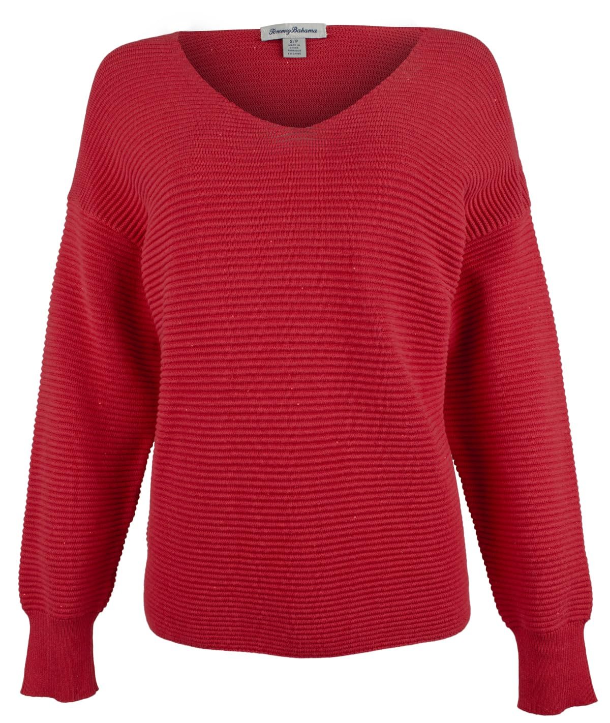 Tommy Bahama Women's Bonita Sequin Ottoman V-Neck Sweater T Red Large